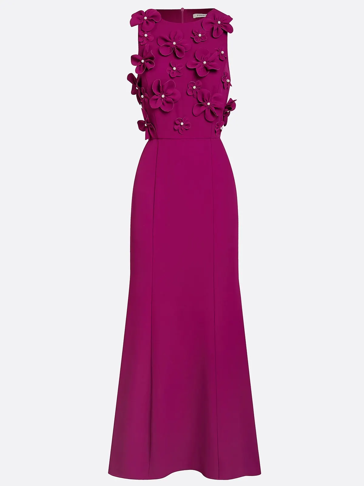 Purple 3D Floral Classic Crew Neck Sleeveless Mermaid Floor-length Gown Dress