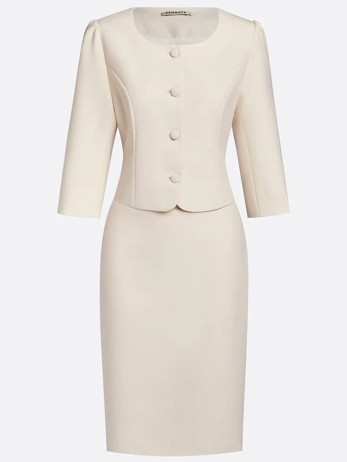 Women Beige Buckle U-Neck Half Sleeve Dressy Coat With Skirt Two-Piece Set