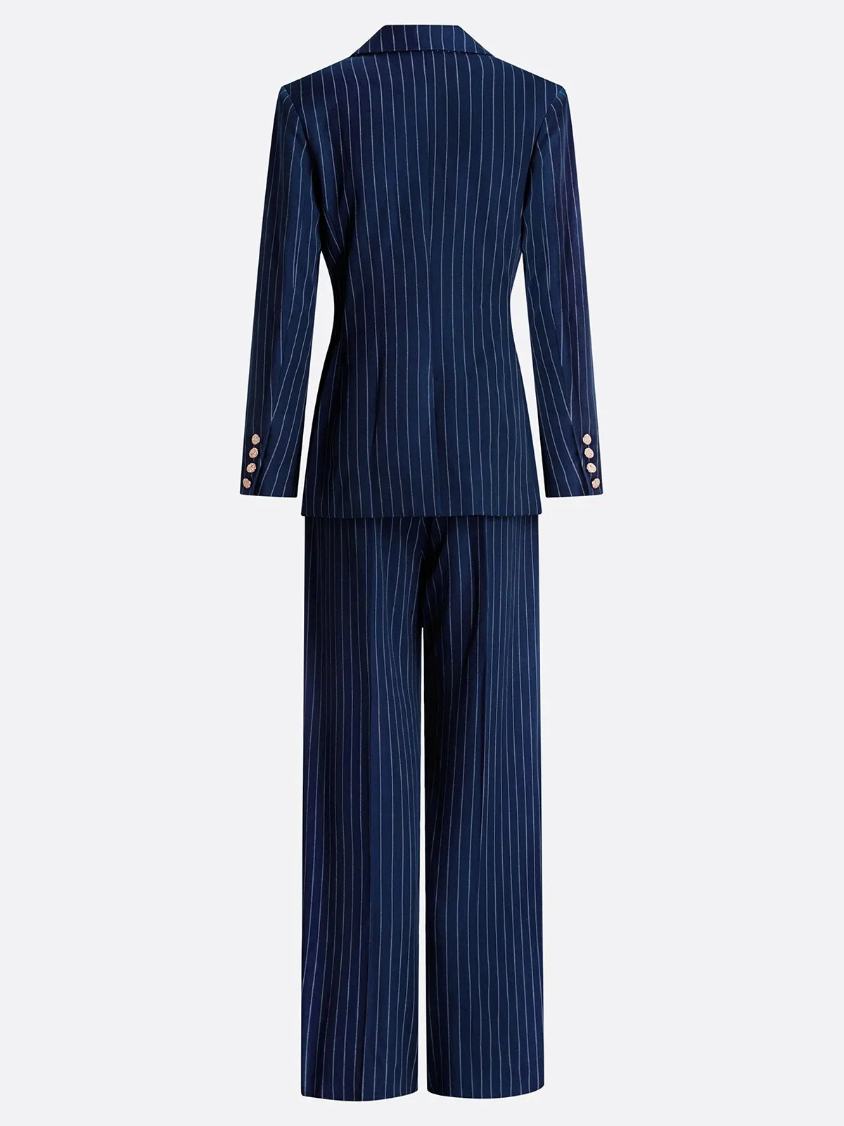 Women Navy Blue Buckle Lapel Collar Long Sleeve Dressy Blazer With Pants Two-Piece Set