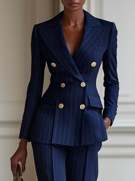 Women Navy Blue Buckle Lapel Collar Long Sleeve Dressy Blazer With Pants Two-Piece Set