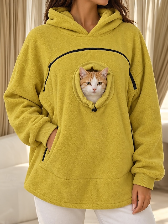 Women's Pet Carrier Hoodie Pet Pouch Hoodie Fleece Casual Long Sleeve Hooded Regular Tops pale pinkish gray Black Olive Green Yellow Red Fall Winter - Yellow