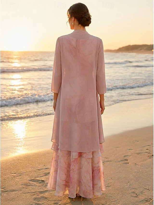 Two Piece A-Line Floor Length Wedding Guest Dress Mother of the Bride Dress 3/4 Length Sleeve Scoop Neck Elegant Simple Minimalist Formal Semi Formal Foiled Chiffon with Floral Print Ruffles - Dusty Rose
