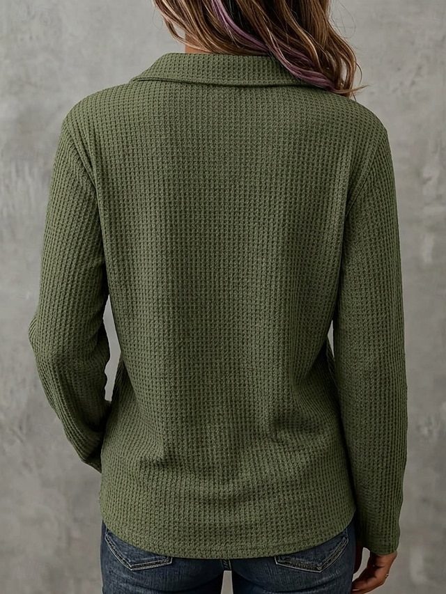 Women's Casual Vintage Waffle Shirt Texture Patchwork Buttons Solid Color Plain Long Sleeve Henry Collar Long Tops White claret sunflower color Black Olive Green Fall Spring, Fall, Winter, Summer - Military Green