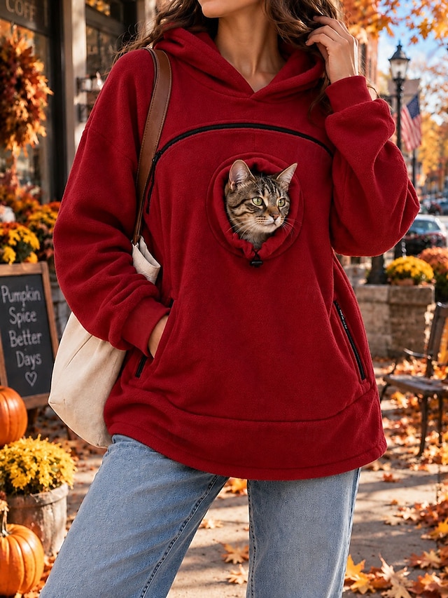 Women's Pet Carrier Hoodie Pet Pouch Hoodie Fleece Casual Long Sleeve Hooded Regular Tops pale pinkish gray Black Olive Green Yellow Red Fall Winter - Red