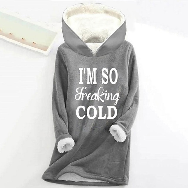 Women's Hoodie Sweatshirt Pullover Fleece Lined Sherpa Letter Casual Sports Print Warm Fuzzy Comfrt Hoodie Long Sleeve Top Micro-elastic Fall & Winter Comfrt Breathable Soft Fabric - Gray