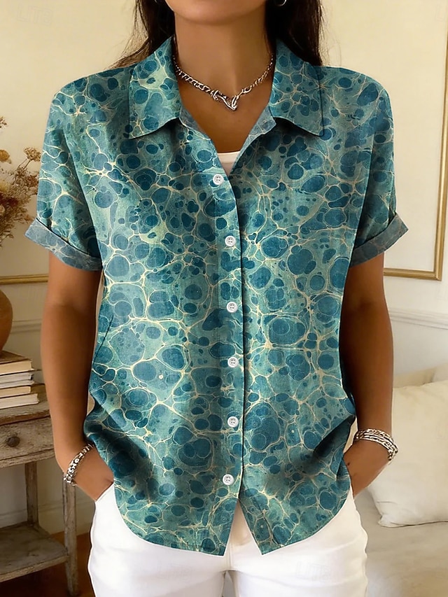 Women's Shirt Buttons Print Floral Graphic Geometric Daily Stylish Casual Short Sleeve Shirt Collar Crop Tops Casual Daily Sage Green Green Summer Spring - Green