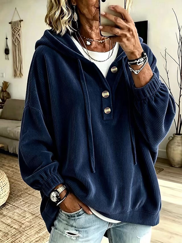 Women's Corduroy Tops Pocket Buttons Classic Modern Casual Long Sleeve Hooded Long Tops Casual Holiday Going out Blue Black Red Green Spring Fall - Blue
