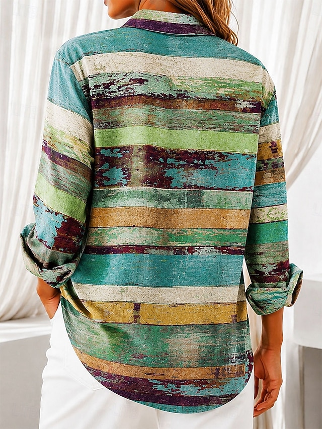 Women's Shirt Blouse Patchwork Buttons Print Ombre Floral Graphic Bohemia Vacation Vintage Long Sleeve Shirt Collar Regular Tops Casual Daily Blue Red Green Summer Spring Fall - Green
