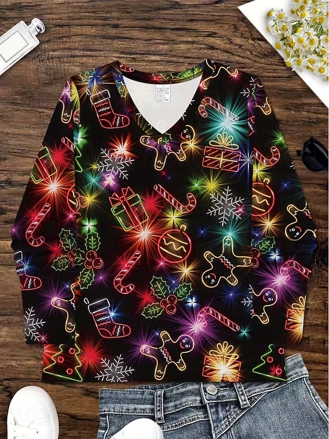 Christmas Women's T Shirt Graphic Vintage Stylish Classic Long Sleeve V Neck Regular Tops Daily Print Gray / Red Black+White+Red Black Wine Red Spring Fall Winter - Black+White+Red