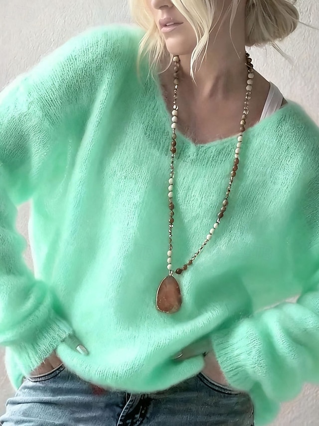 Women's Sweater Pullover Elegant Fashion Cute Solid Color V Neck Knitted Long Sleeve Regular Tops Knit Daily Home Outdoor Blue Pink Fall Winter - Green