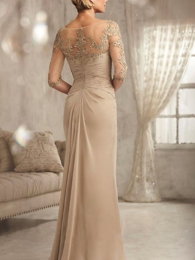 Sheath Column Floor Length Wedding Guest Dress Formal Dresses Evening Gown Mother of the Bride Dress Half Sleeve V Neck Plus Size Sexy See Through Wedding Guest Chiffon Lace with Lace - Champagne