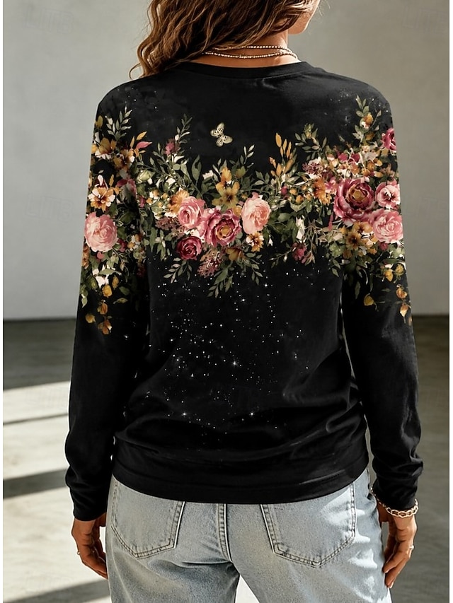 Women's T Shirt Print Floral Graphic Plants Fashion Classic Casual Long Sleeve Crew Neck Regular Tops Casual Daily Weekend Blue White Black Pink Spring Fall - Black