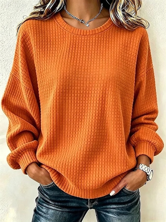 Women's Sweatshirts Casual Long Sleeve Round Neck Regular Tops Dailywear Holiday White Orange color Black Pink Purple Fall Winter - Orange color