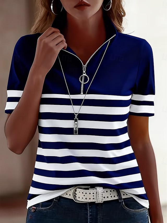 Women's T Shirt Zipper Quarter Zip Striped Graphic Geometric Color Block Vintage Tropical Hawaiian Short Sleeve High Neck Regular Tops Beach Wedding Casual Daily Blue Black Red Navy Blue Camel Summer - Navy Blue
