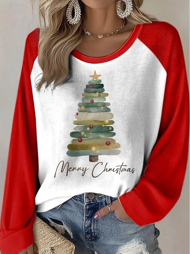 Christmas Women's Christmas Tree T Shirt Graphic Vintage Stylish Classic Long Sleeve Crew Neck Round Neck Regular Tops Daily Weekend Print Black Red Green Spring Fall Winter - Red