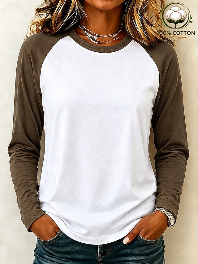Women's Shirt 100% Cotton Stylish Casual Beach Long Sleeve Crew Neck Regular Tops Casual Blue Black Brown Green Spring Fall Winter - Brown