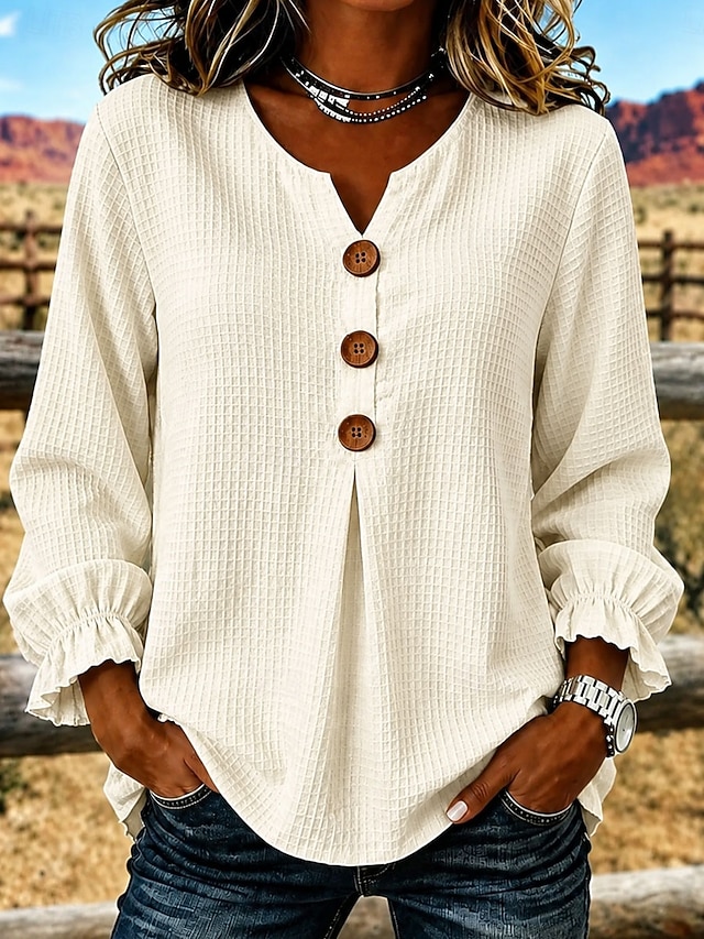 Women's Waffle Blouse Solid Color Vintage Stylish Basic Long Sleeve V Neck Regular Tops Casual Daily Blue Yellow Pink Apricot Summer Spring Fall - Apricot