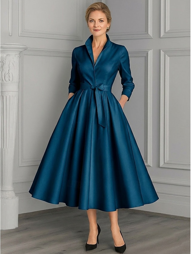 A-Line Ankle Length Party Dress Cocktail Dress Wedding Guest Dress Mother of the Bride Dress Long Sleeve V Neck Elegant Vintage Party Formal Evening Wedding Party Birthday with Pleats - Ink Blue