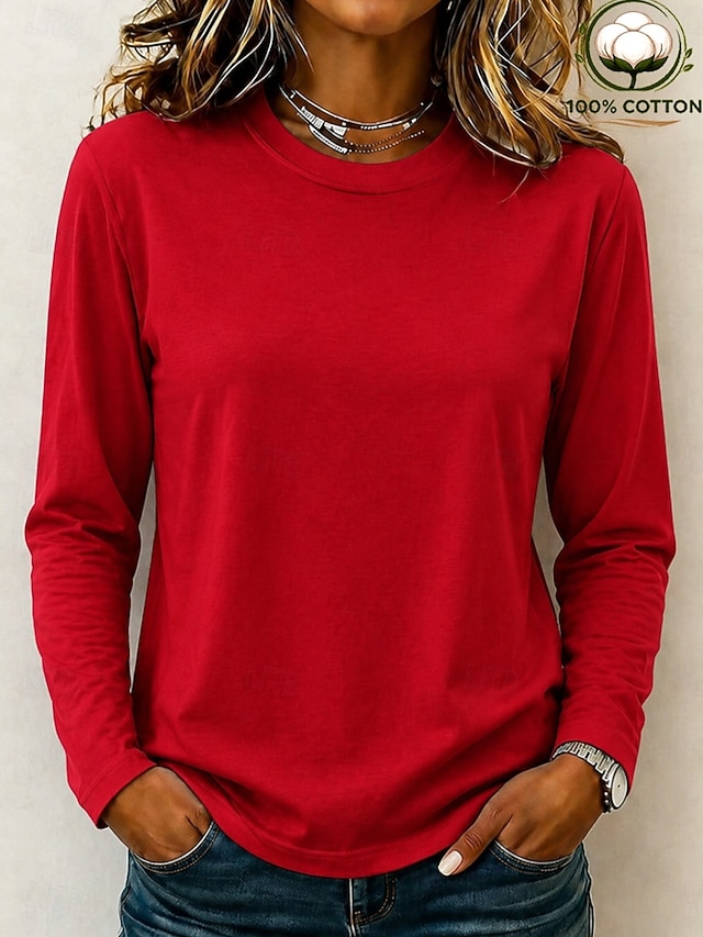 Women's 100% Cotton T-Shirts - Quality Heavy Long Sleeve Crew Neck Tee - Red