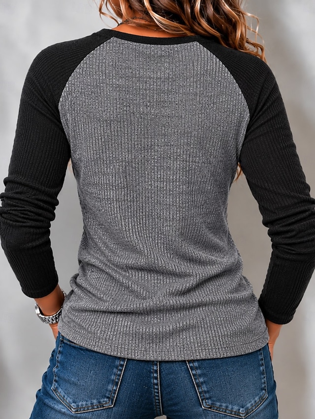 Women's Tunic Patchwork Pocket Vintage Stylish Classic Long Sleeve Henley Regular Tops Casual Daily Going out Red Gray Spring Fall Winter - Gray