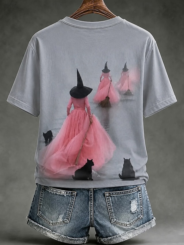 Halloween Women's T Shirt Print Graphic Abstract Witch Vintage Stylish Classic Short Sleeve V Neck Regular Tops Casual Daily Weekend Ash Black Pink Green Summer Spring Fall Winter - Ash