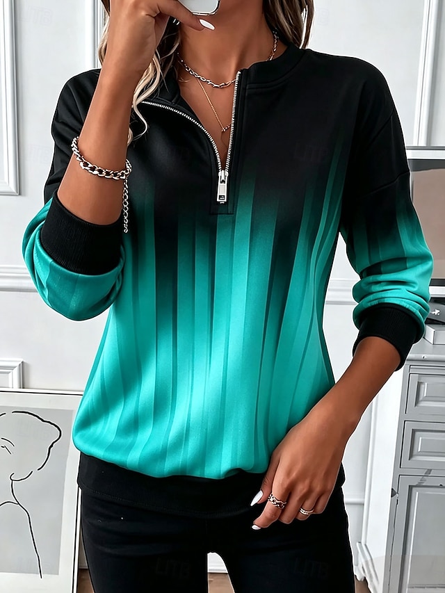 Women's Zip Up Sweatshirts Zipper Print Graphic Geometric Abstract Fashion Casual Long Sleeve Round Neck Half Zip Regular Tops Casual Street Dailywear Blue Yellow Orange Spring Fall - Blue