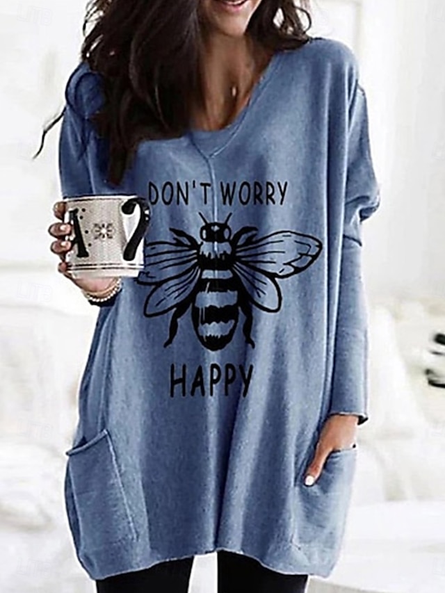 Halloween Women's Black Cat Face Tunic T Shirt Oversized Long Sleeve Crew Neck Pocket Casual Long Top Black White - Blue