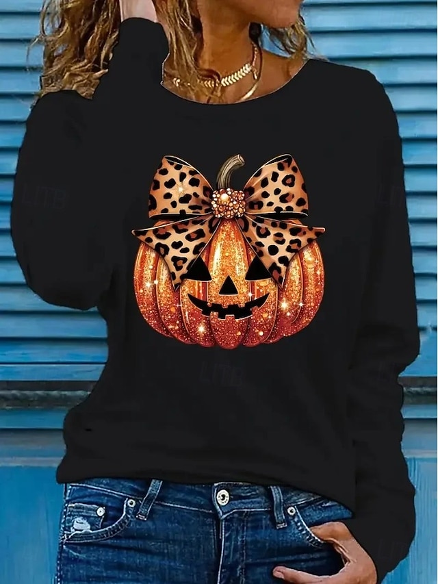 Halloween Women's T shirt Pumpkin Graphic Skull Vintage Fashion Stylish Long Sleeve Crew Neck Round Neck Regular Tops Daily Weekend Print Black White Pink Blue Purple Spring Fall Winter - Dark Gray