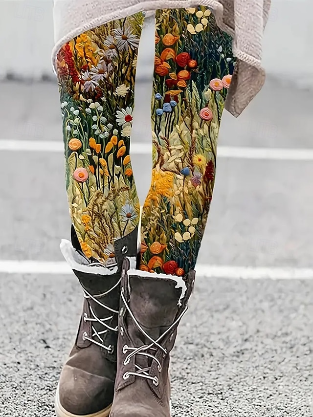 Women's Leggings Vacation Vintage Ethnic Style Ankle-Length High Waist Floral Graphic 3D Print Quick Dry Breathability Soft Stretchy Daily Home Outdoor White Red Green Khaki Spring Fall Slim Fit - Green