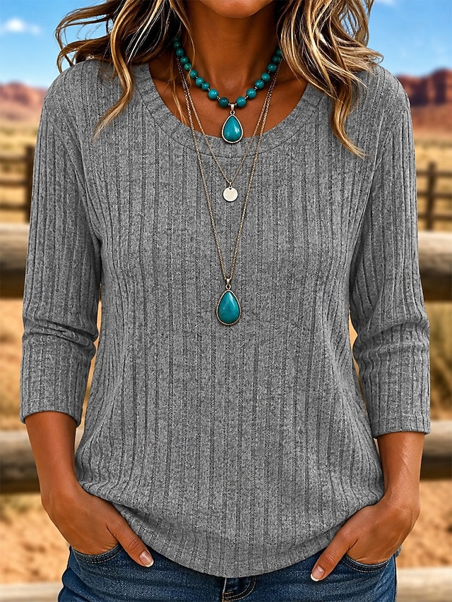 Women's T Shirt Texture Knit Solid Color Vintage Stylish Casual 3/4 Length Sleeve Crew Neck Regular Tops Casual White Sage Green Black Red Gray Summer Spring Fall - Gray