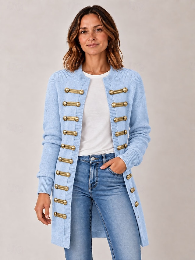 Women's Long Cardigan Knit Sweater Napoleonic Style Casual Ribbed Crew Neck Buttons Long Sleeve Long Tops Knit Club Party Halloween Blue Pink Fall - Gray
