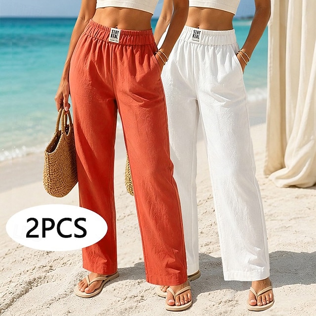 Multi Packs 2pcs Women's Cotton Linen Pants Trousers Casual Pants Summer Pants Vacation Fashion Streetwear Full Length High Waist Plain Pocket Elastic Waist Comfort Breathability Comfortable - White / Red