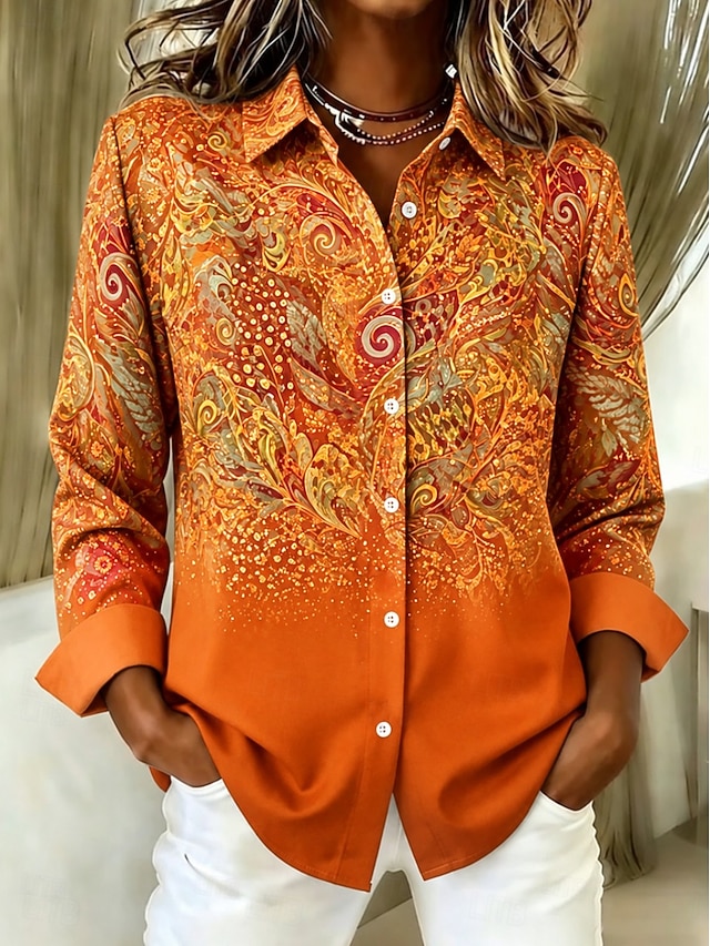Women's Shirt Blouse Print Graphic Paisley Abstract Elegant Stylish Modern Long Sleeve Shirt Collar Regular Tops Casual Work Blue Wine Purple Orange Spring Fall Winter - Orange