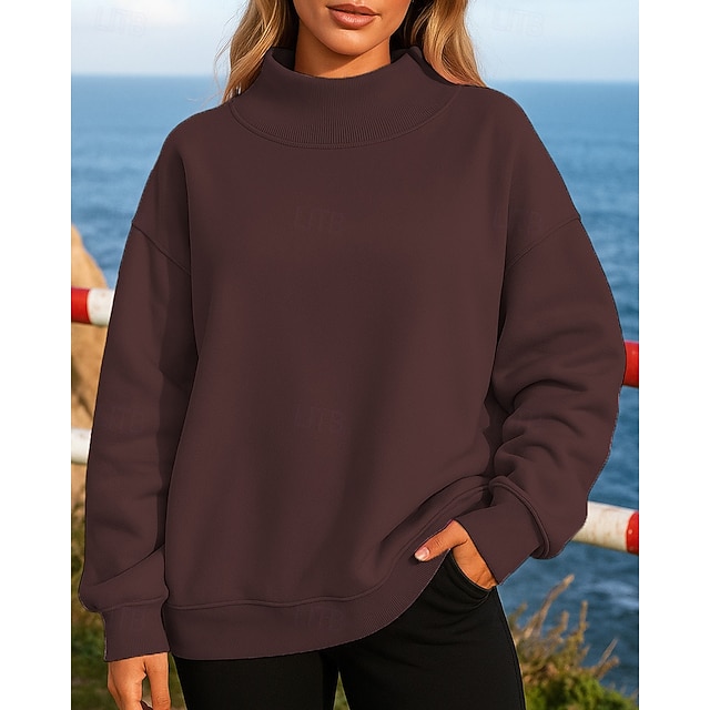 Women's Solid Colored Fleece Sweatshirt Pullover Sweatshirt Fall / Winter Long Sleeve Athleisure Thermal Warm Windproof Hiking Running Workout Black White Pink Sportswear Activewear - Coffee