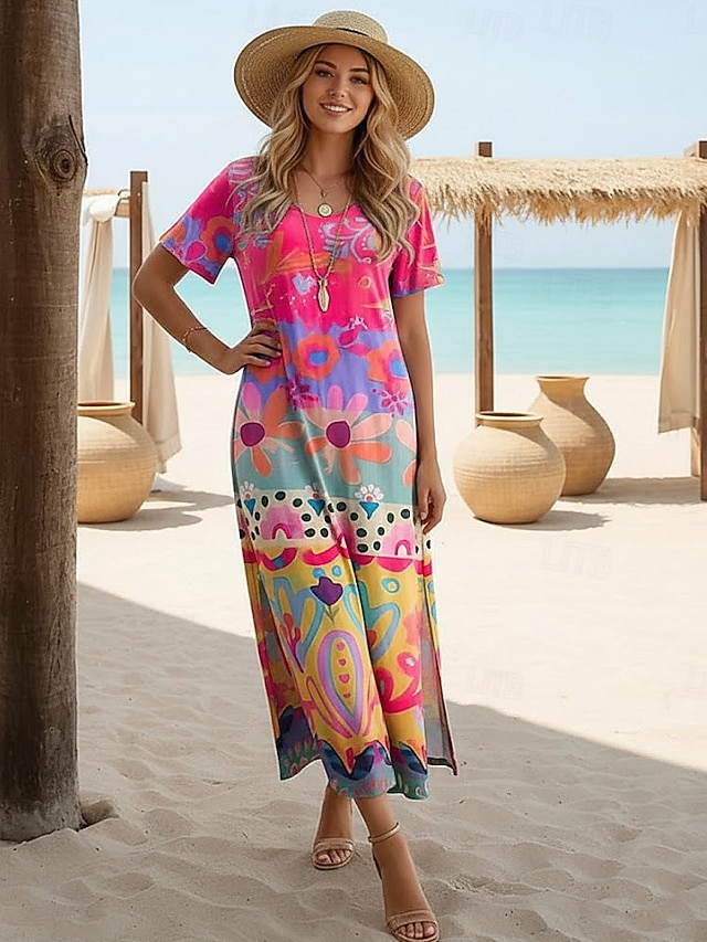 Women's Midi Dress Sundress A Line Dress Vacation Casual Boho Butterfly Sleeve Beach Regular Fit Graphic Tribal Short Sleeve Crewneck Blue Light Blue Black Gold Black Summer Spring - Pink