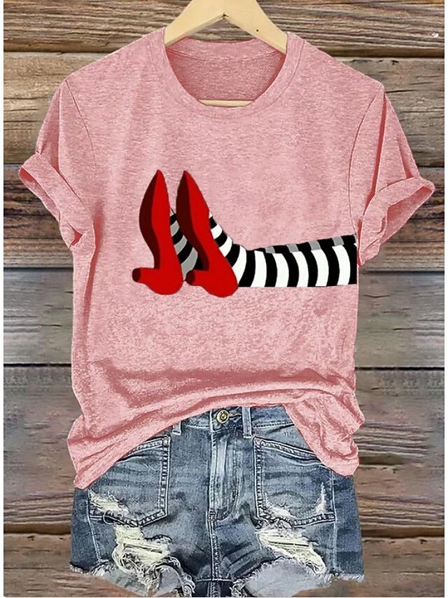 Halloween Women's T shirt Witch Graphic Vintage Stylish Classic Short Sleeve Crew Neck Round Neck Regular Tops Daily Weekend Print Black White Light Green Pink Blue Summer Fall - Pink