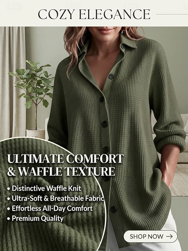 Women's Casual Vintage Waffle Knit Shirt Texture Buttons Long Sleeve Turndown Long Tops Black Yellow Burgundy Summer Fall - Army Green