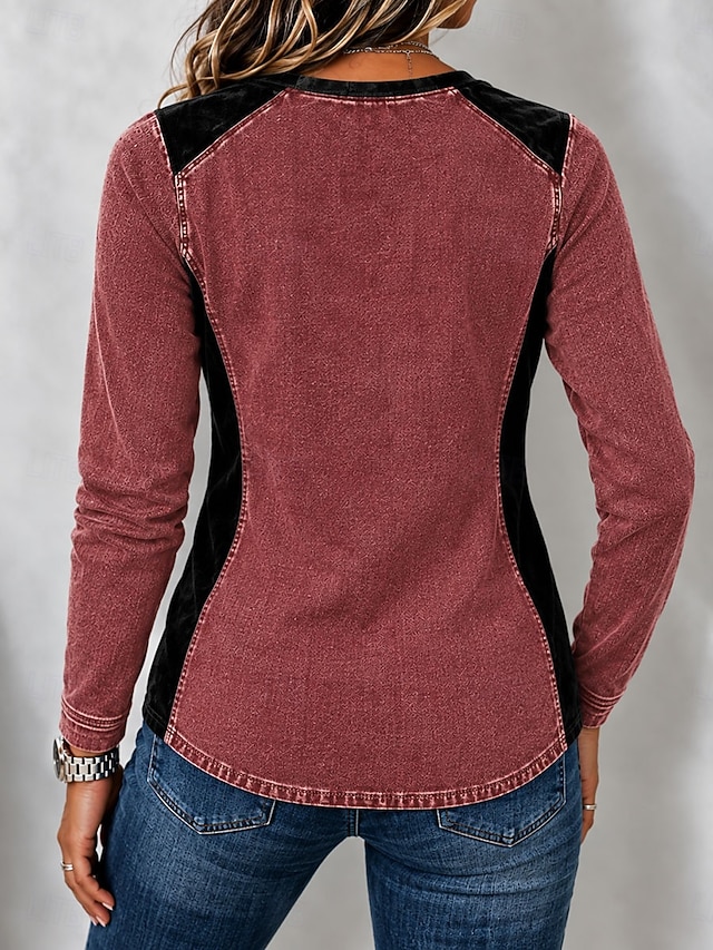 Women's Denim Shirt Blouse Henley Top Patchwork Plain Vintage Fashion Stylish Long Sleeve Lapel Regular Tops Casual Beach Blue Red Green Spring Fall Winter - Red