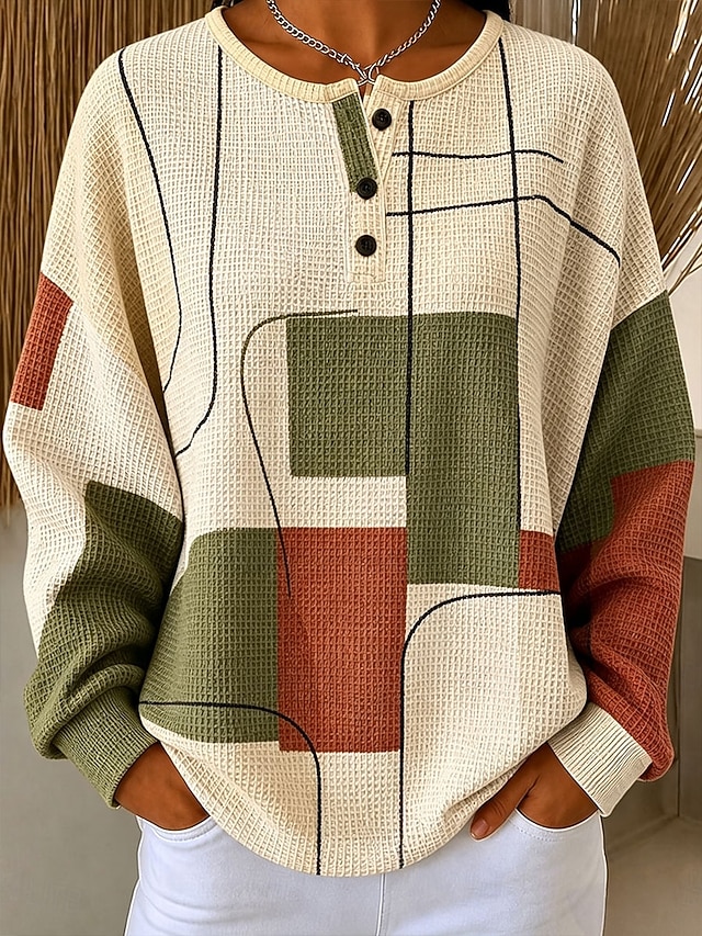 Women's Textured Pullover Sweatshirt Buttons Graphic Geometric Color Block Fashion Casual Print Long Sleeve Crew Neck Regular Tops Casual Street Blue Yellow Green Spring Fall - Green