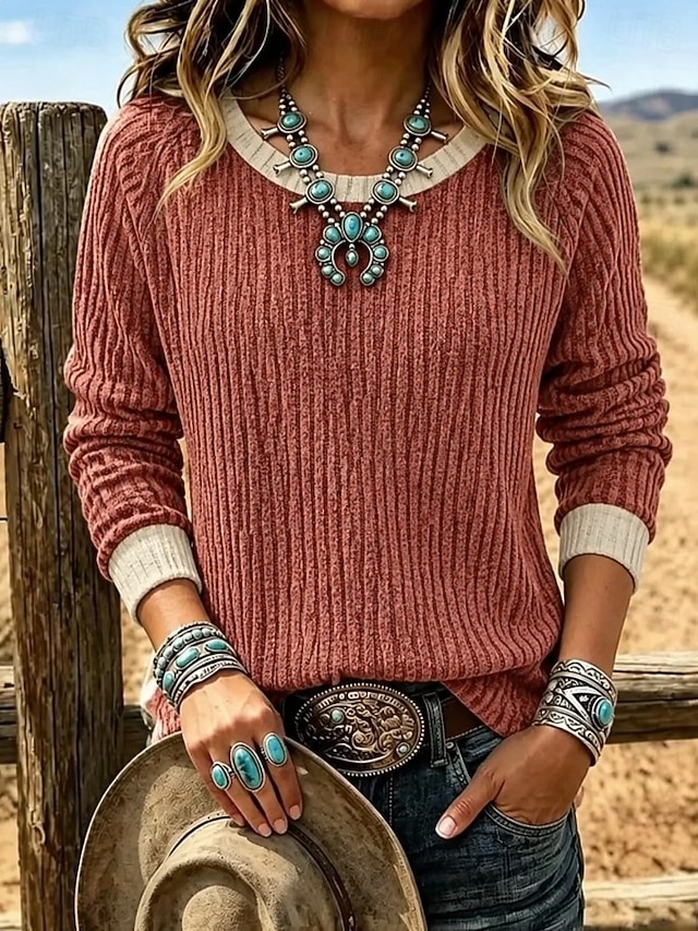 Women's Texture Blouse Textured Knit Tops Ribbed Knit Tops Elegant Vintage Ethnic Long Sleeve Crew Neck Long Tops Casual Daily Going out Rust Red Spring Fall Winter - Rust Red