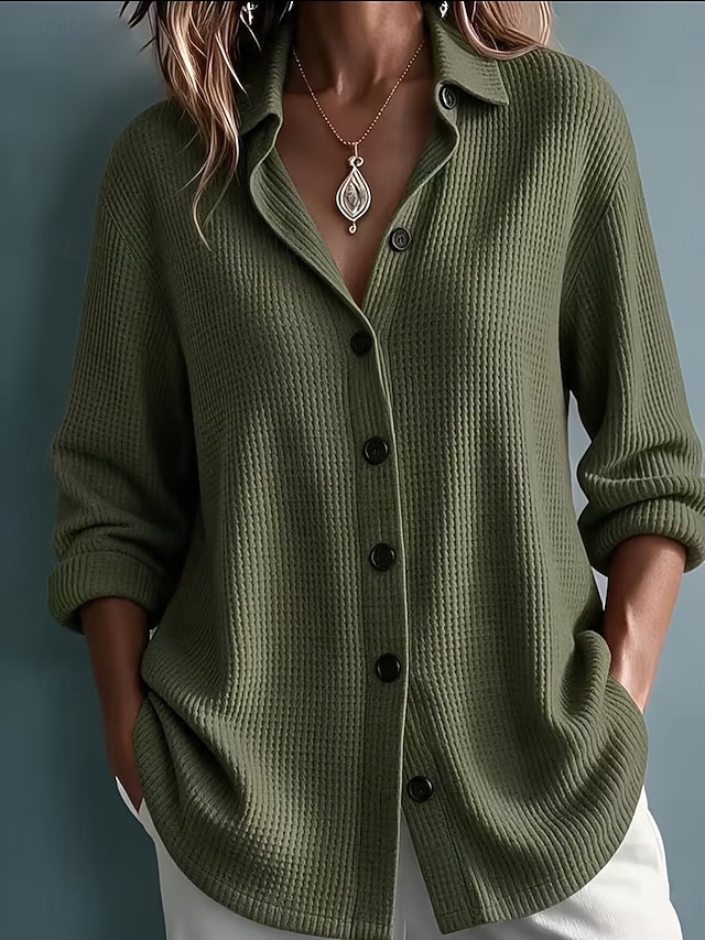 Women's Casual Vintage Waffle Knit Shirt Texture Buttons Long Sleeve Turndown Long Tops Black Yellow Burgundy Summer Fall - Army Green