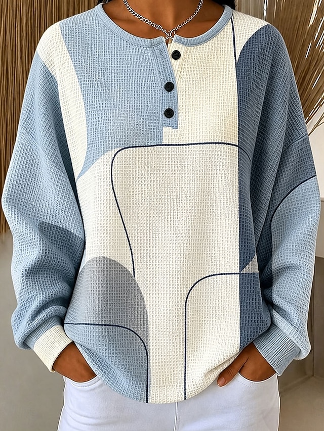 Women's Textured Pullover Sweatshirt Buttons Graphic Geometric Color Block Fashion Casual Print Long Sleeve Crew Neck Regular Tops Casual Street Blue Yellow Green Spring Fall - Blue