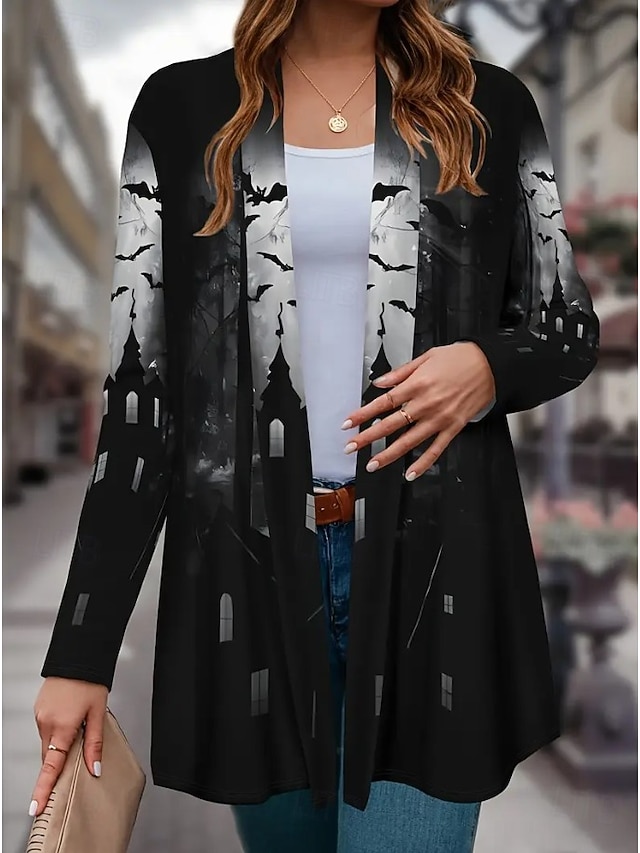 Halloween Women's Giant Skull 3D Bone Cage Print Kimono Cardigan Lightweight Collarless Open Front 3/4 Sleeve Long Cover Up White Gray - Dark Gray