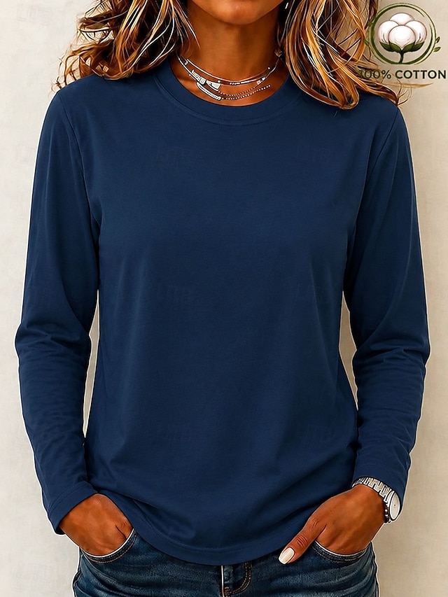 Women's 100% Cotton T-Shirts - Quality Heavy Long Sleeve Crew Neck Tee - Navy Blue