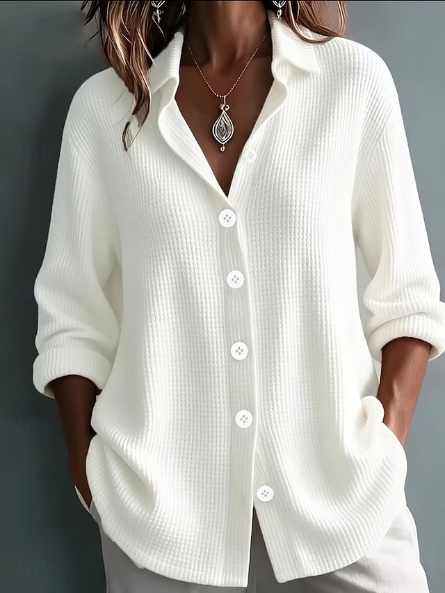 Women's Casual Vintage Waffle Knit Shirt Texture Buttons Long Sleeve Turndown Long Tops Black Yellow Burgundy Summer Fall - White