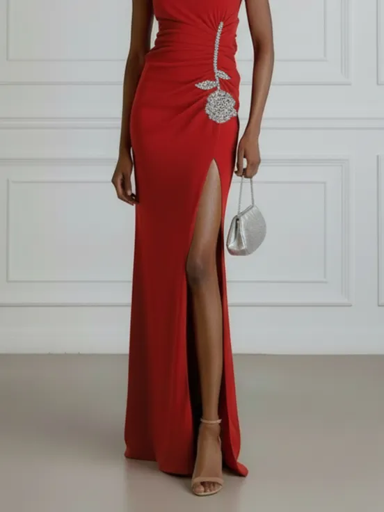 Red Applique Side-Slit Knit Boat Neck Cap Sleeve Bodycon Maxi Dress
