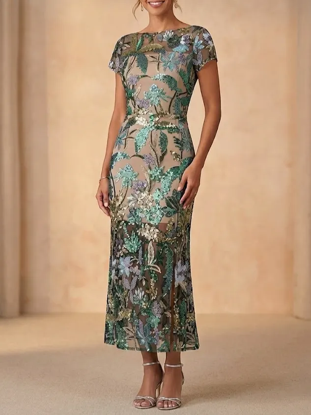 Embellished Sequin Mother of the Bride Dress - Ankle Length Short Sleeve Floral Evening Gown
