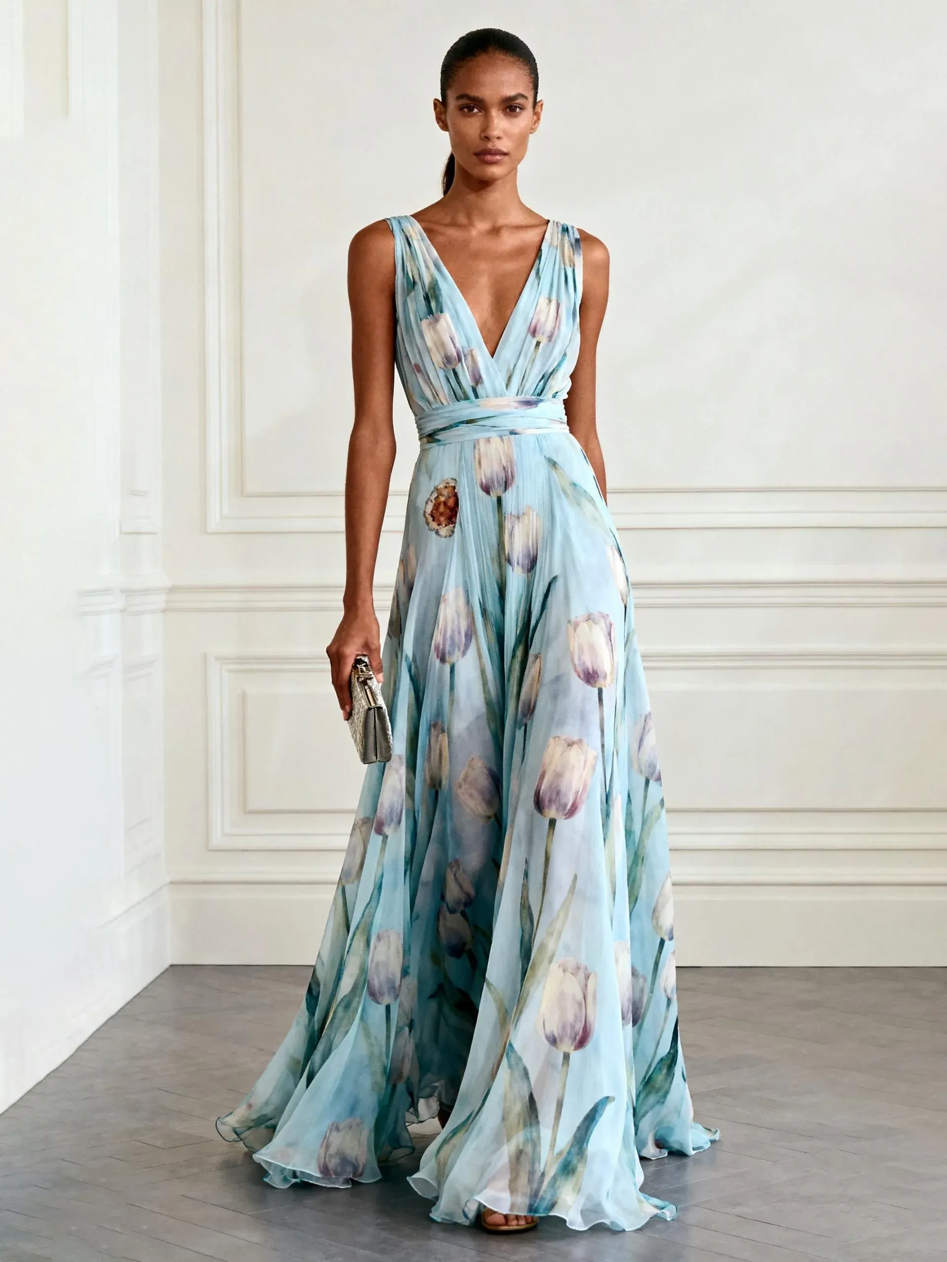Light Blue Floral Chiffon V Neck Sleeveless A-Line Floor-length Gown Dress