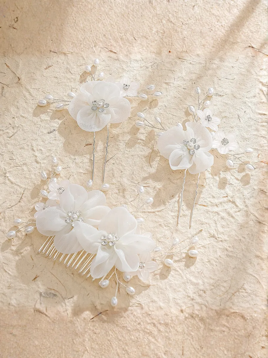 Bridal Handmade Floral Beaded Headpiece Set With Comb And U-shaped Hairpin - Silver