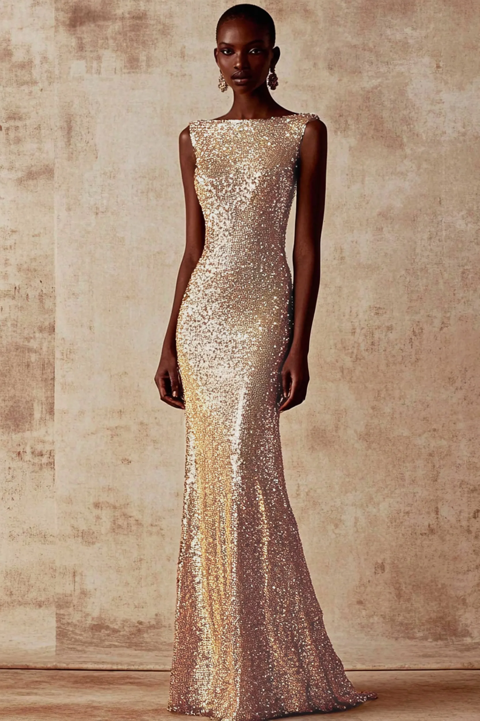 Formal Evening Dress Gold Sequin Sleeveless Mermaid Maxi Dress